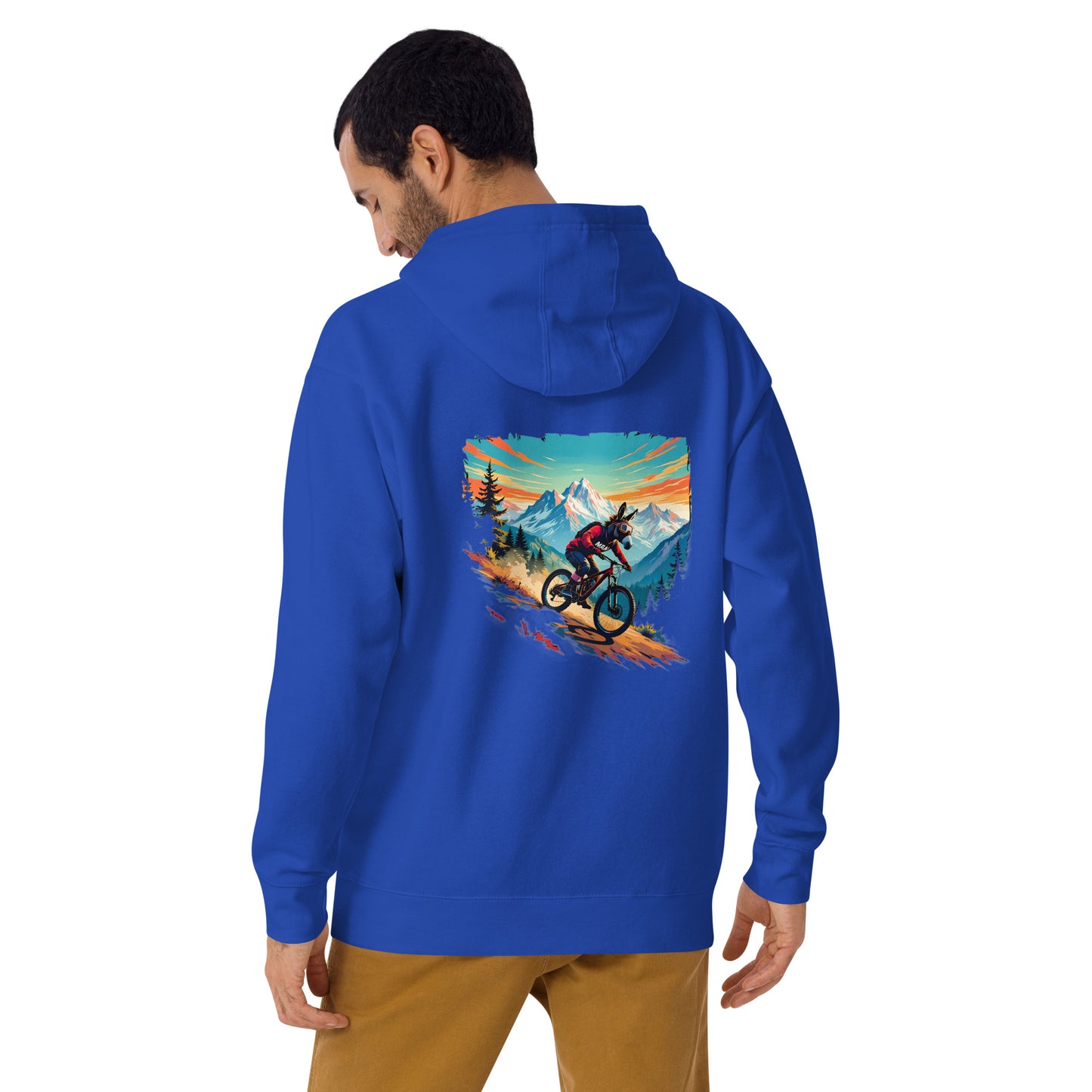 Person wearing a blue hoodie with a mountain bike graphic on the back