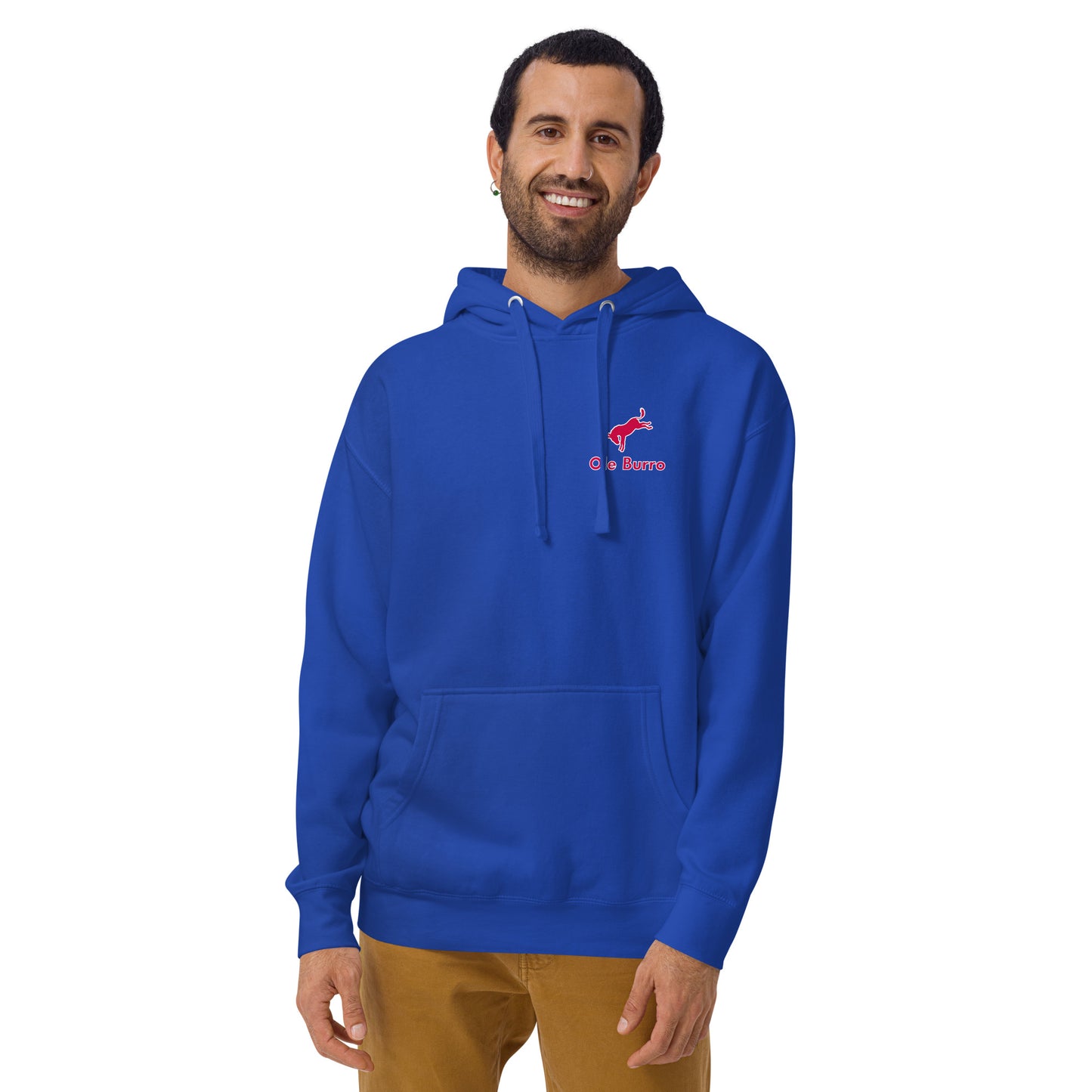 Man wearing a blue hoodie with a logo on a white background