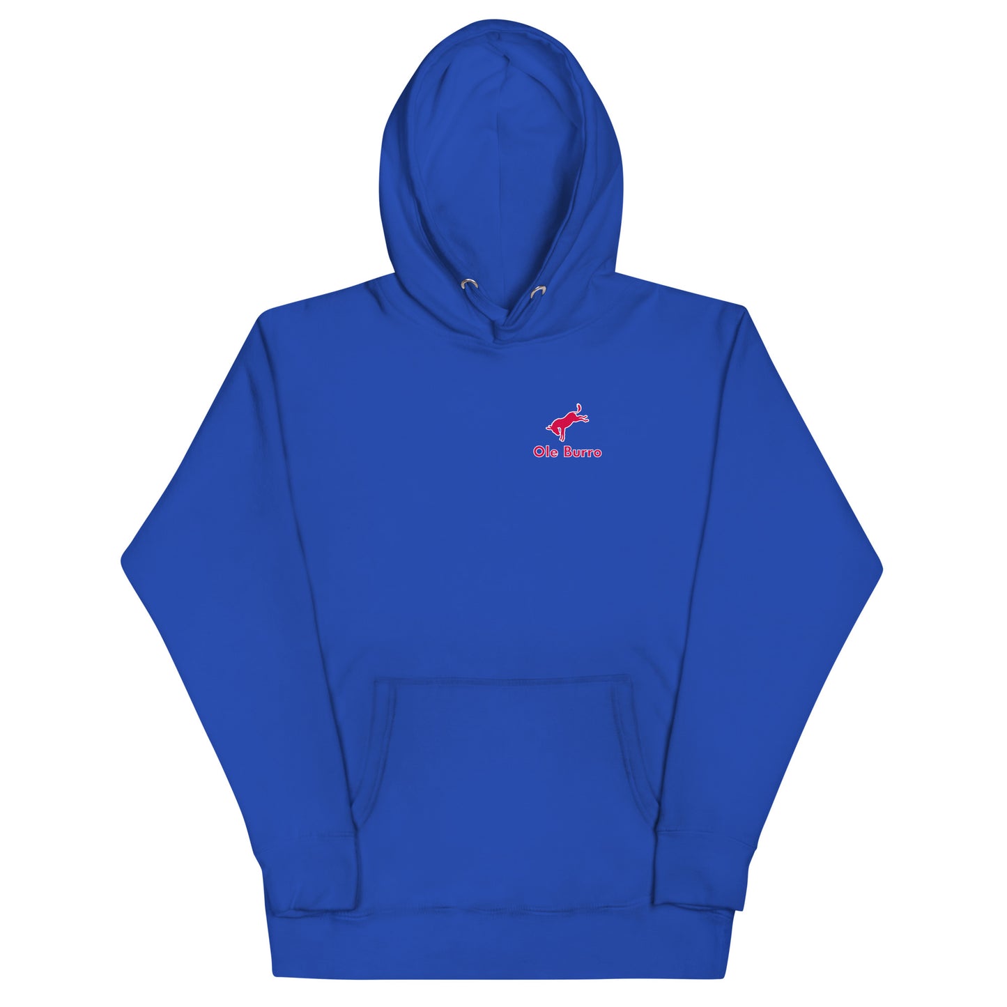Blue hoodie with a red logo on a white background