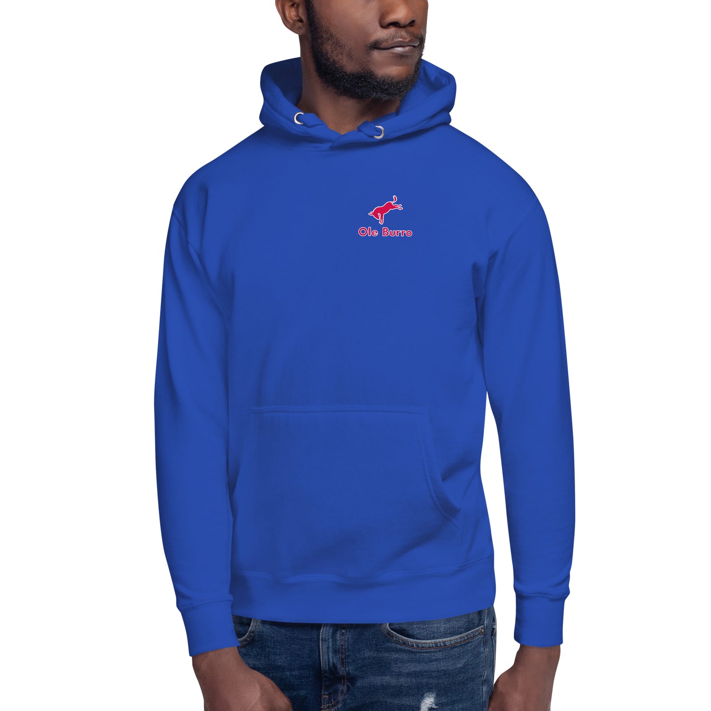 Person wearing a blue hoodie with a logo on a white background