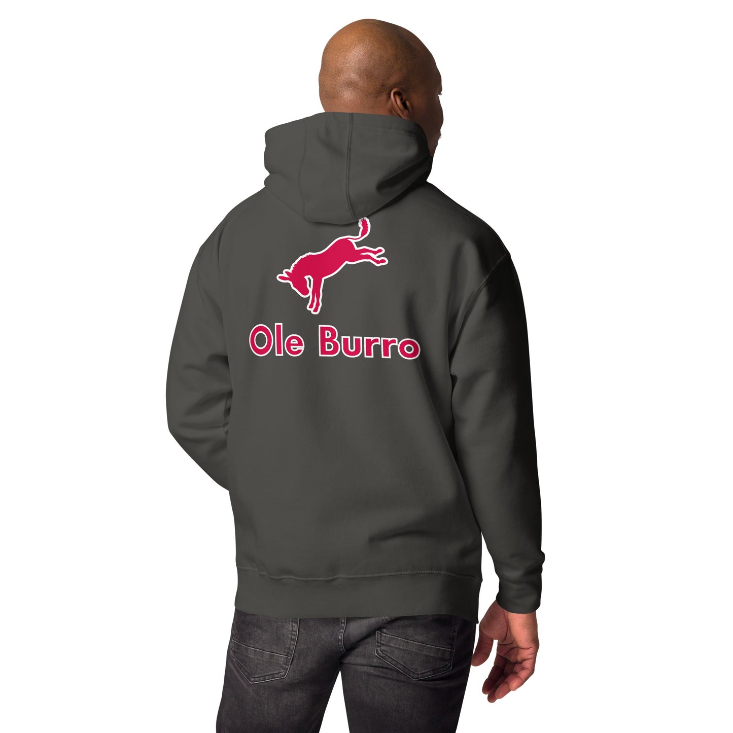 Person wearing a dark gray hoodie with 'Ole Burro' logo on the back, on a white background