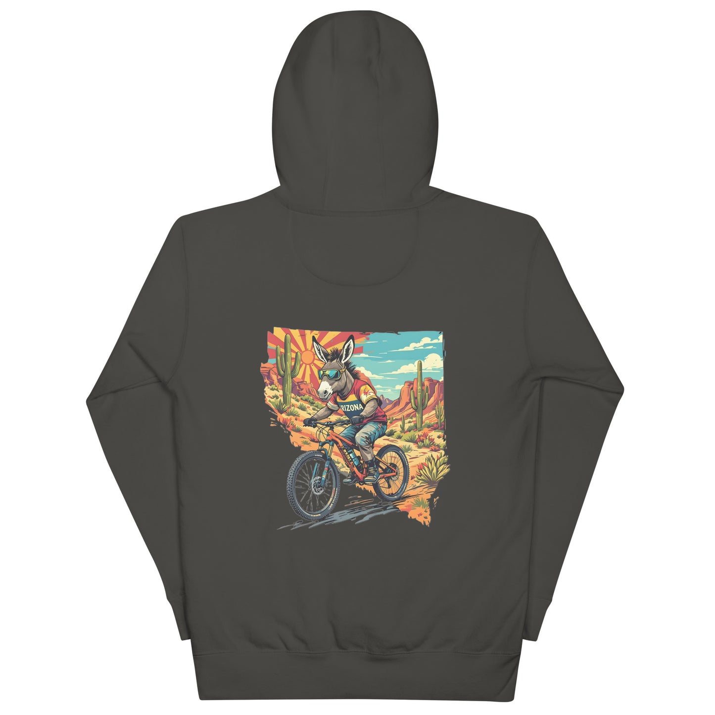 Dark gray hoodie with a colorful graphic of a donkey on a motorcycle in a desert scene.