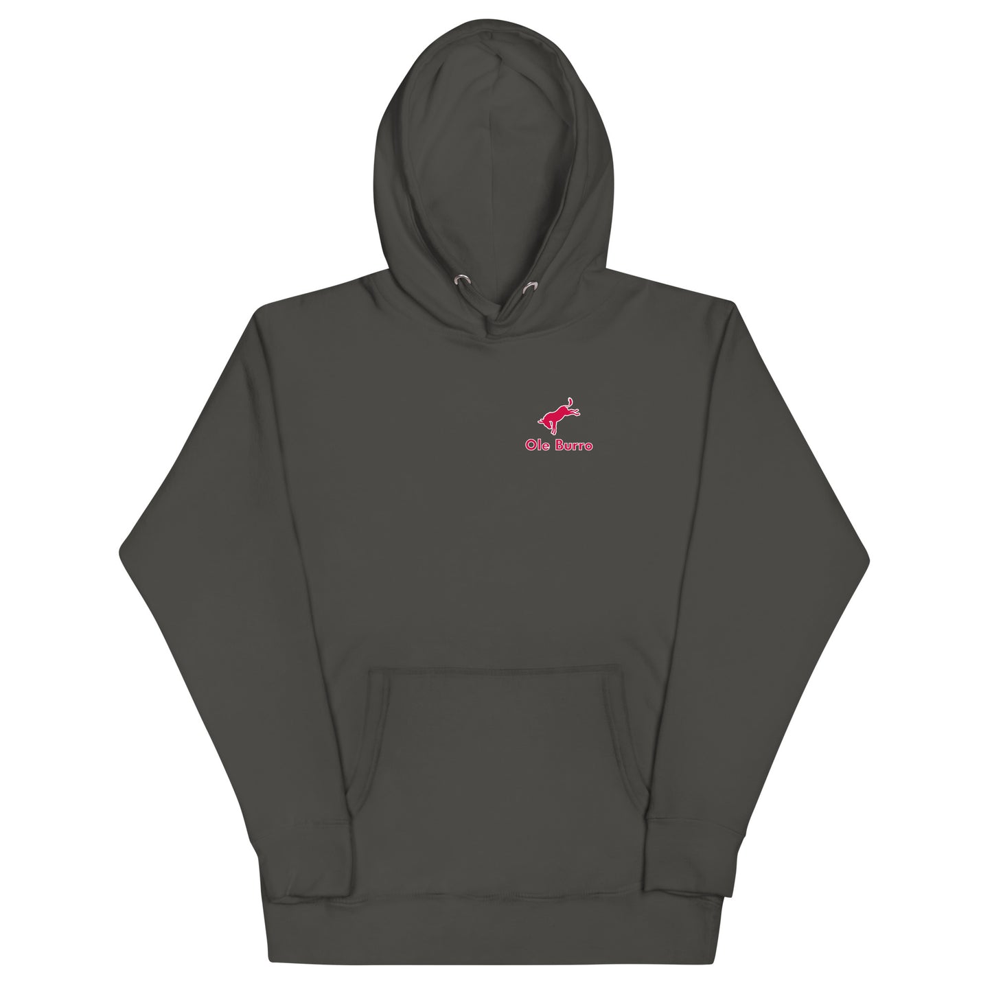 Dark gray hoodie with a pink logo on a white background