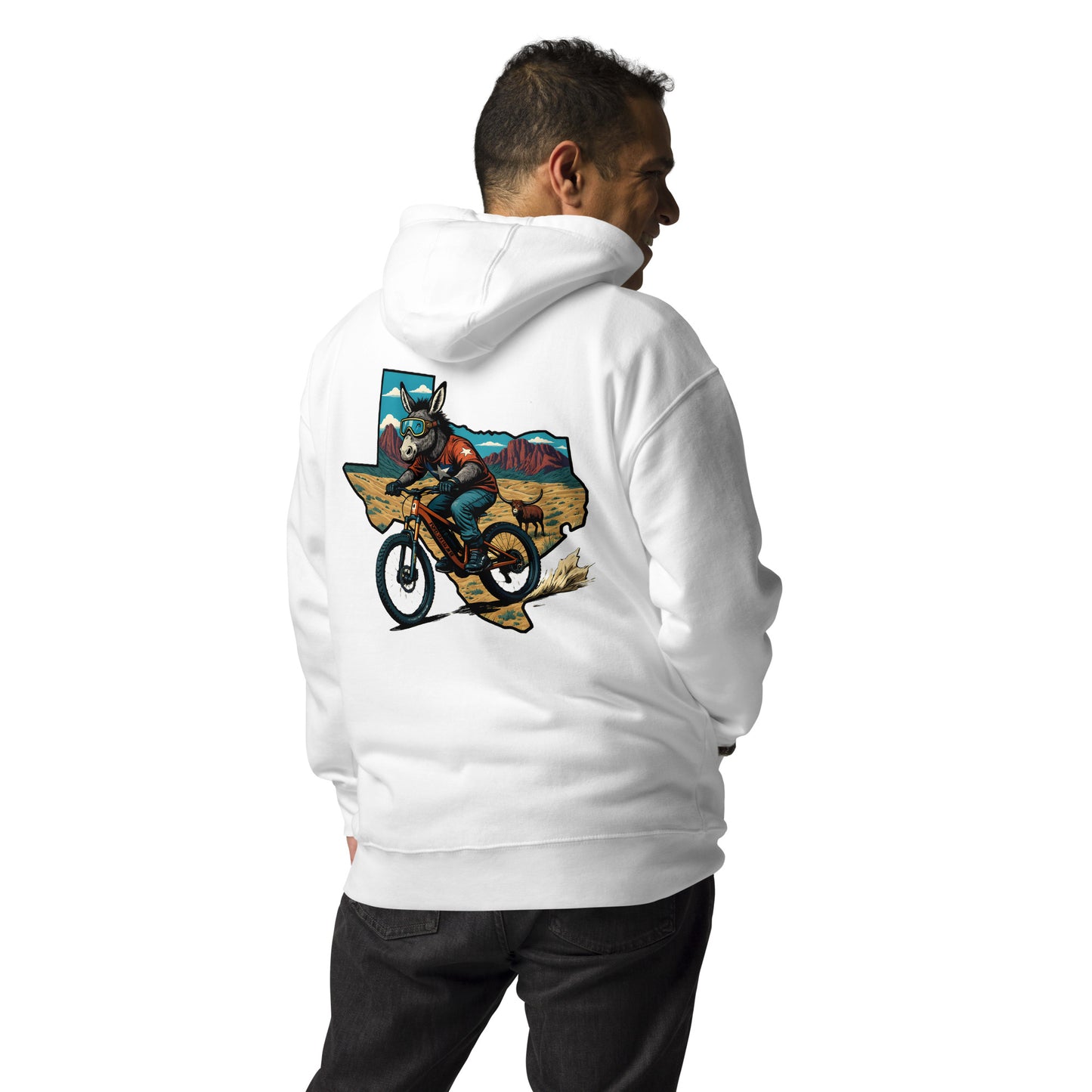 Person wearing a white hoodie with a colorful graphic on the back, standing against a white background