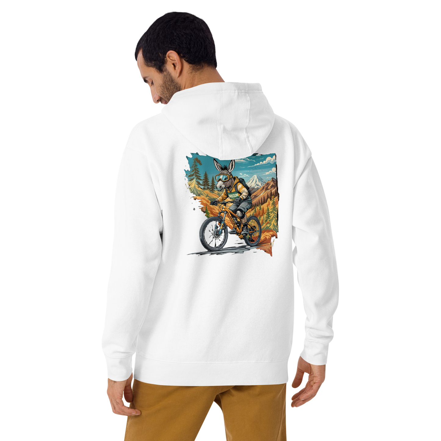 Person wearing a white hoodie with a colorful graphic on the back, standing against a white background