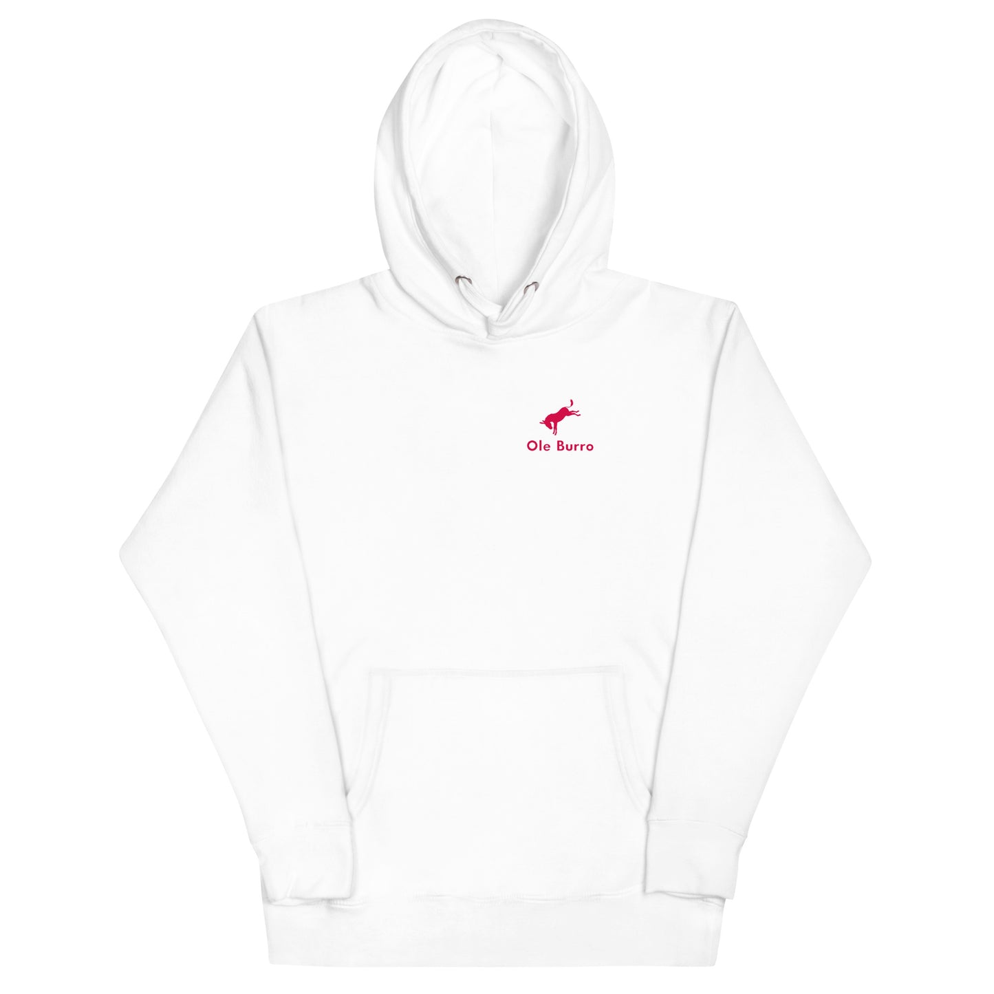 White hoodie with a red logo on a white background