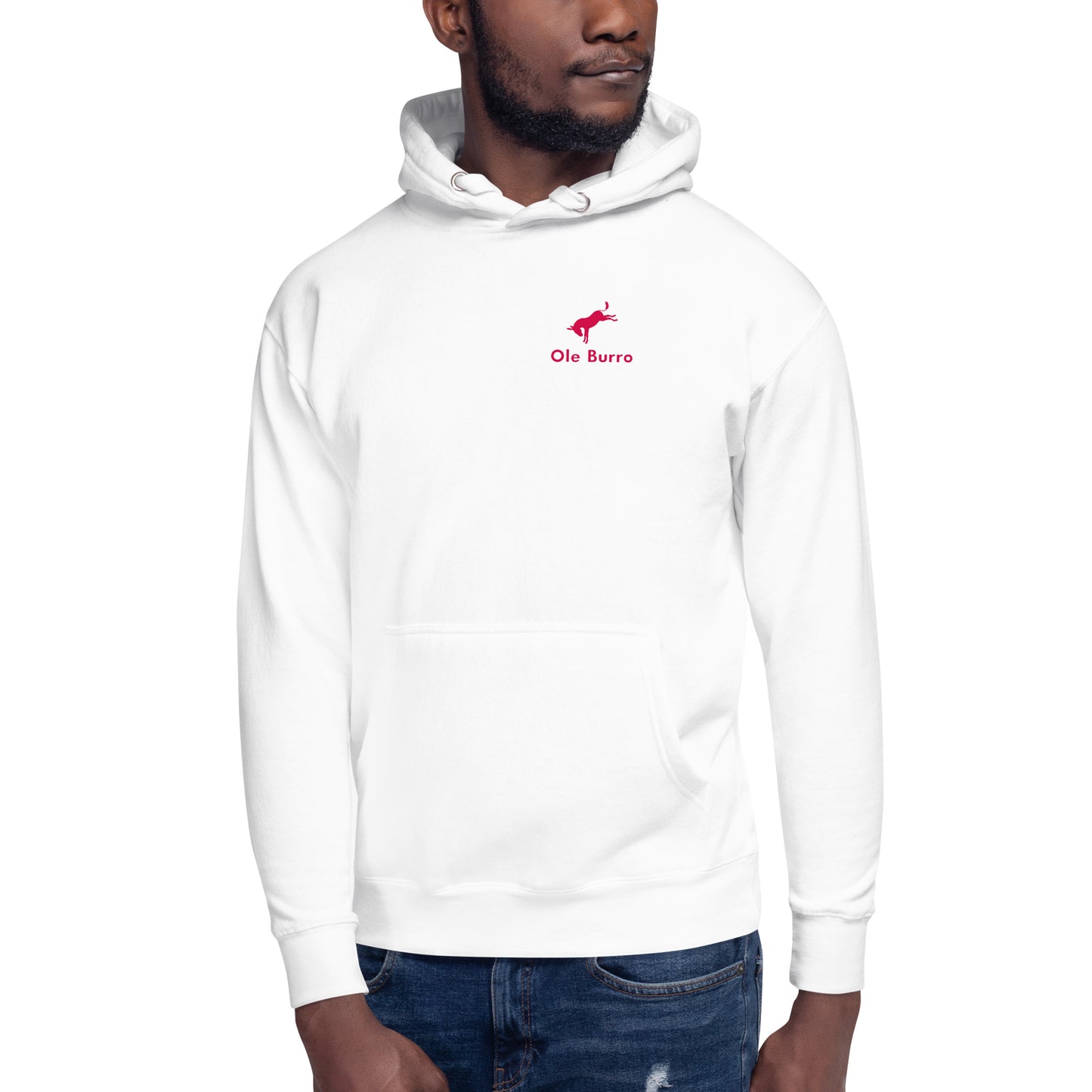 White hoodie with a logo on a white background