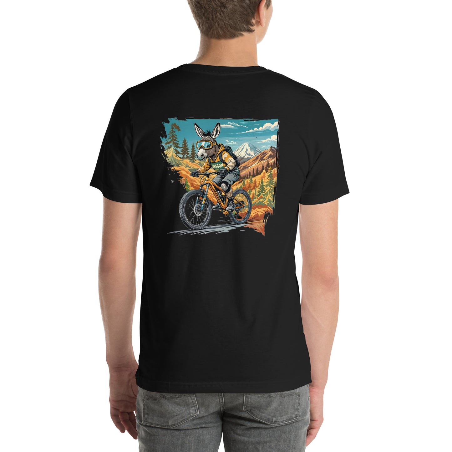 Person wearing a black t-shirt with a graphic design on the back