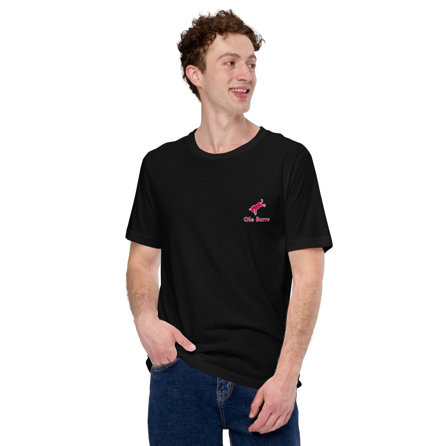 Man wearing a black t-shirt with a red logo on a white background