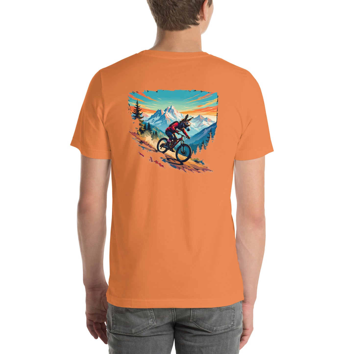 Orange t-shirt with a mountain bike graphic on a white background