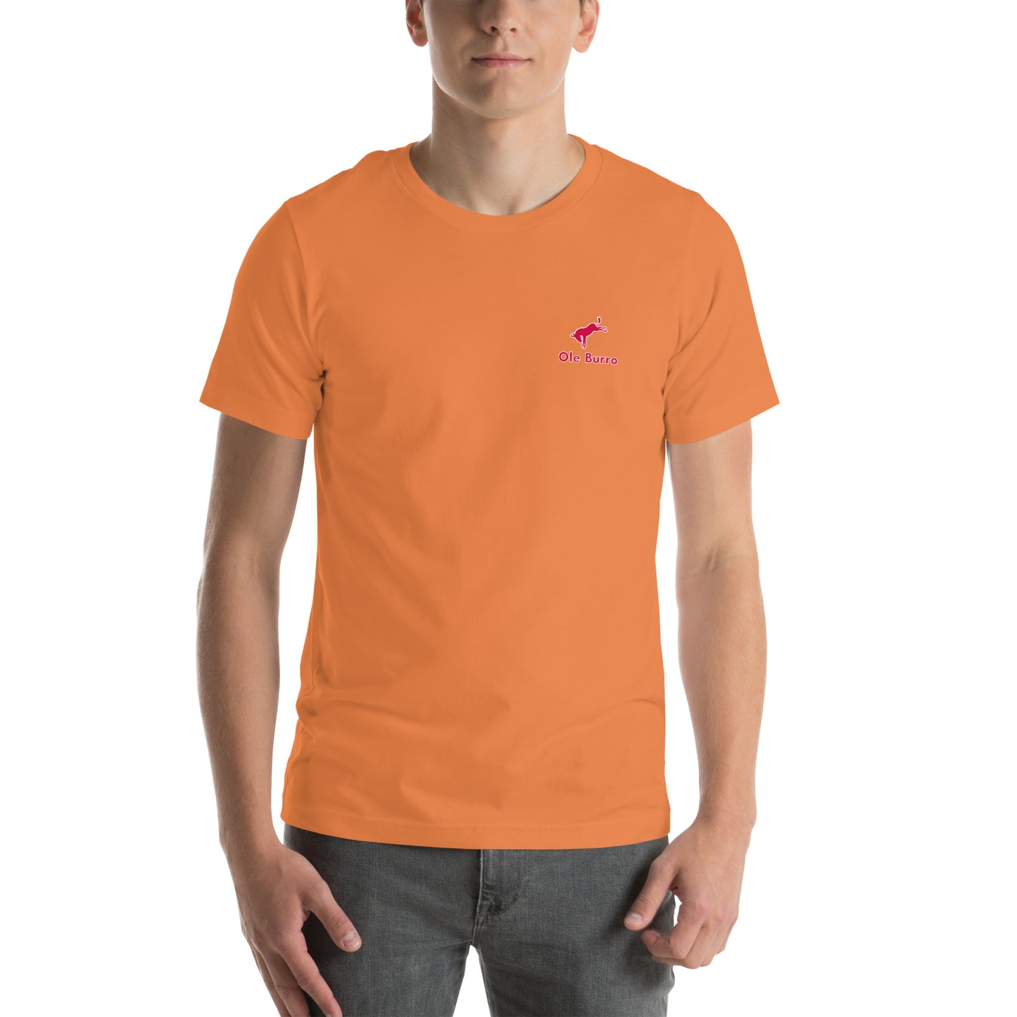 Person wearing an orange t-shirt with a logo on a white background