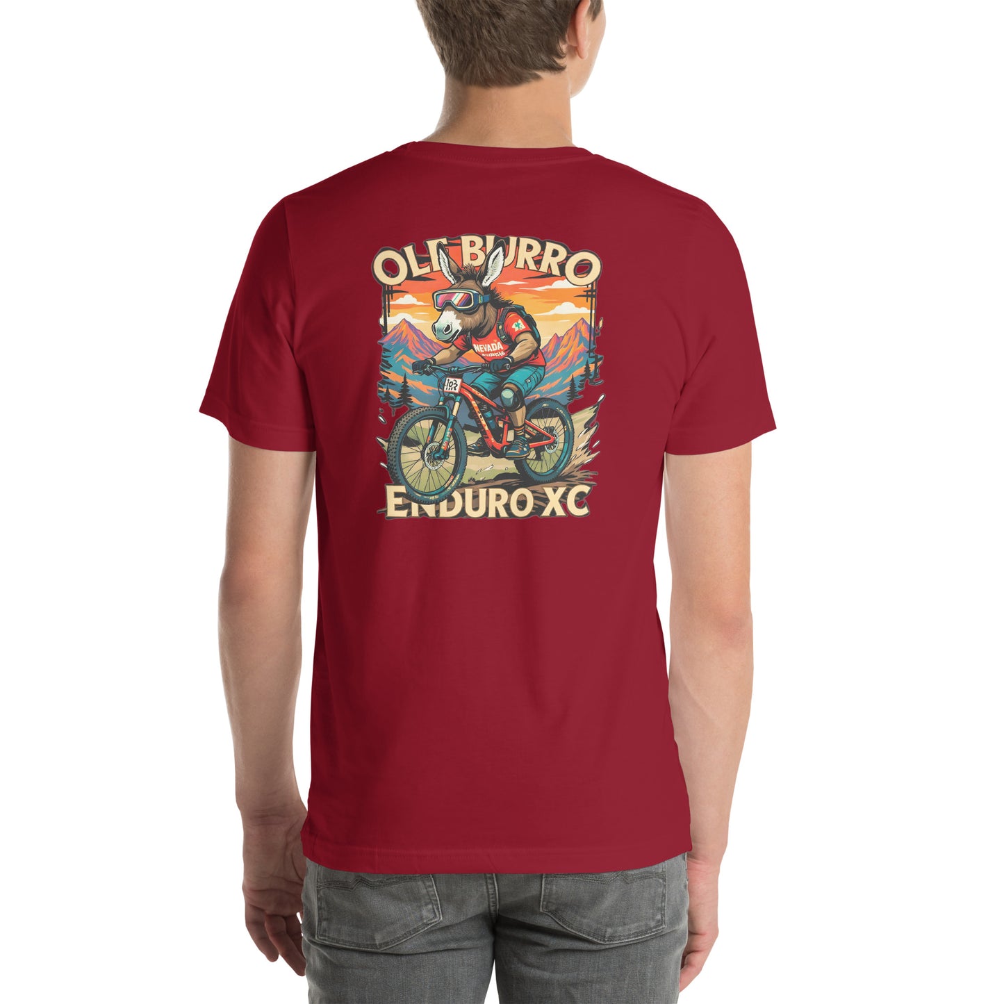 Red t-shirt with 'Old Burro Enduro XC' graphic on a white background