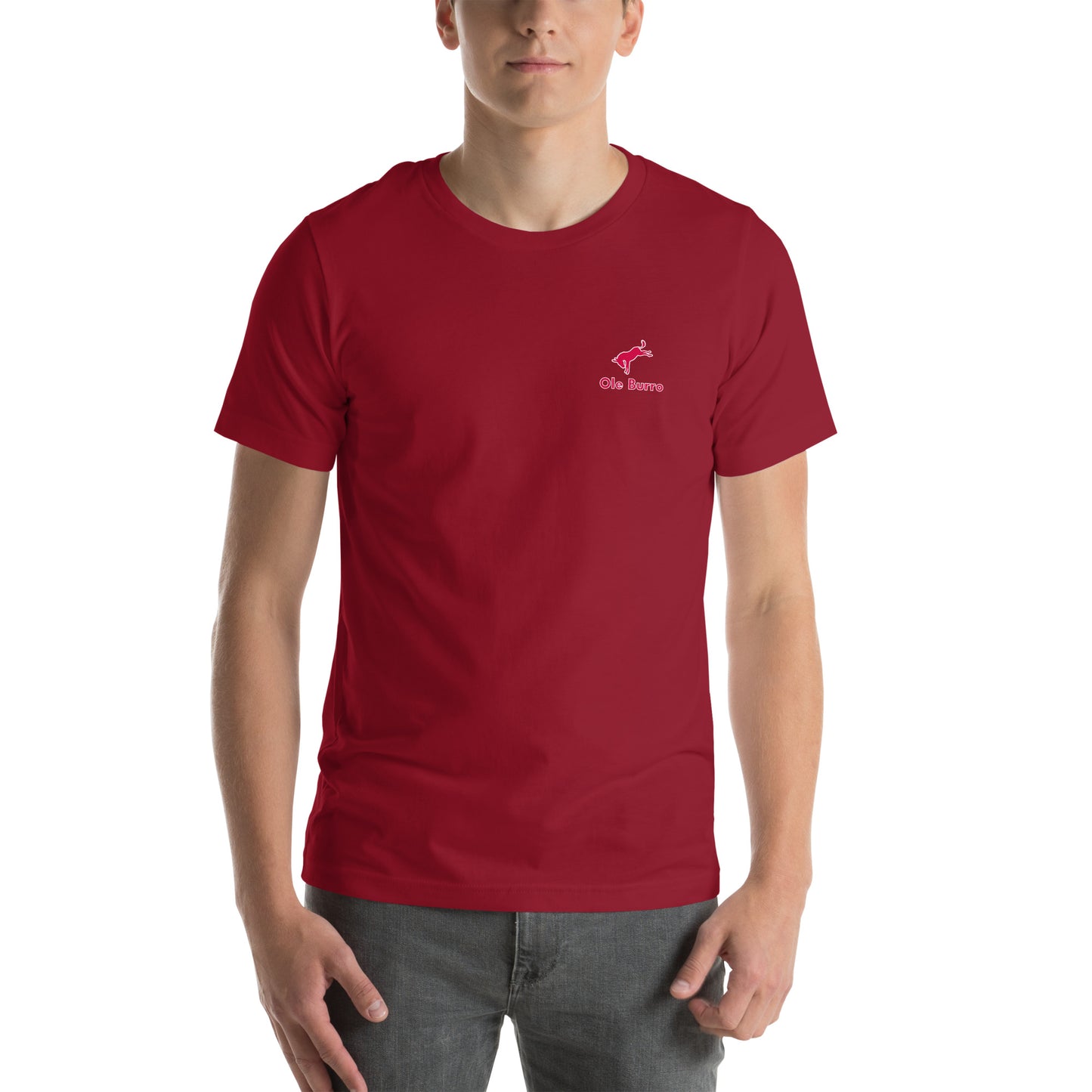 Person wearing a red t-shirt with a logo on a white background