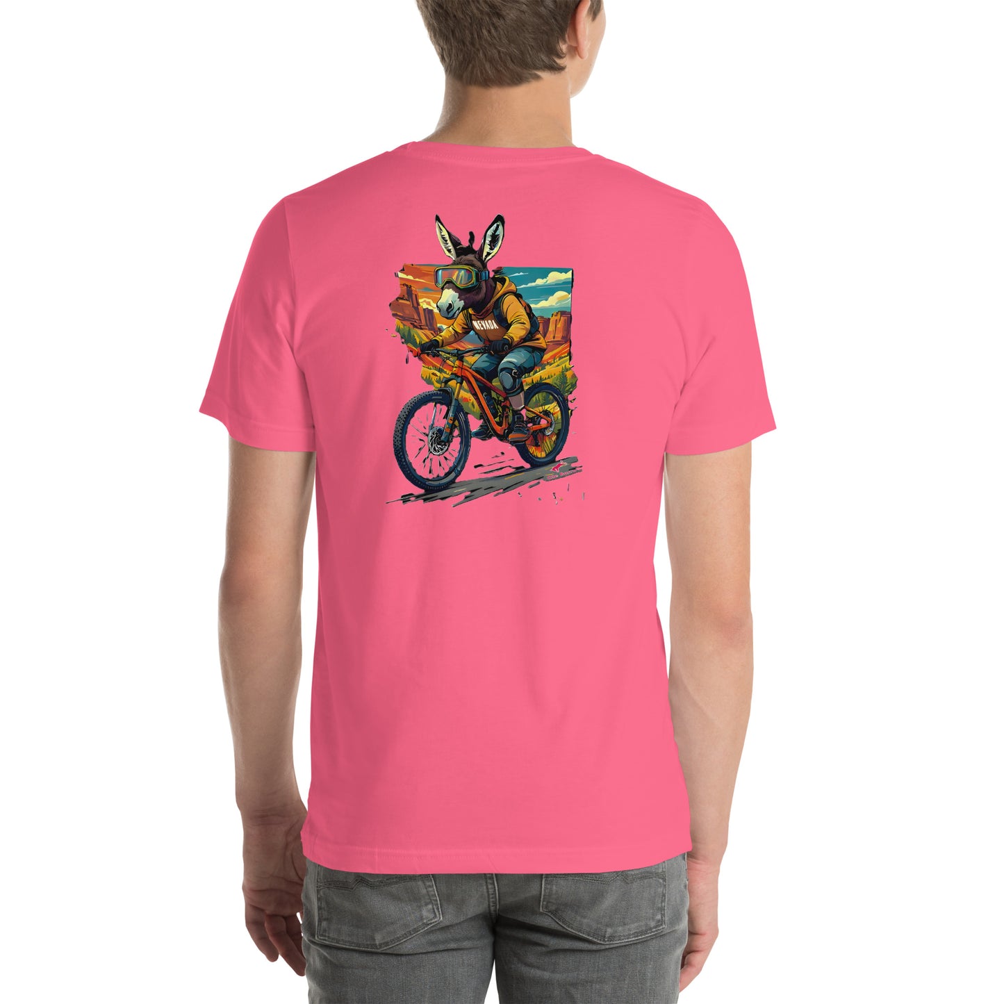 Person wearing a pink t-shirt with a colorful graphic of a donkey on a motorcycle on the back.