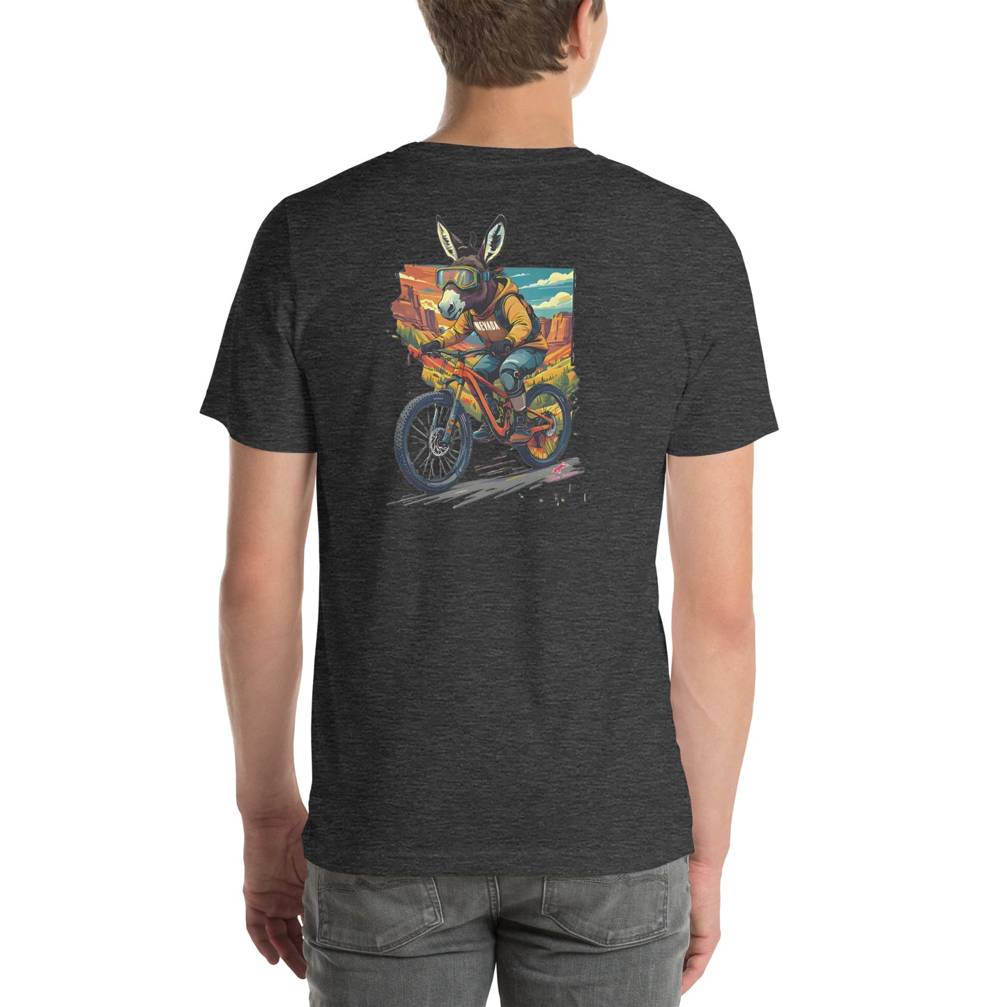 Person wearing a dark gray t-shirt with a colorful graphic on the back, standing against a white background.
