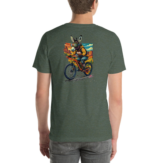 Person wearing a green t-shirt with a colorful graphic of a burro on a mountain bike.