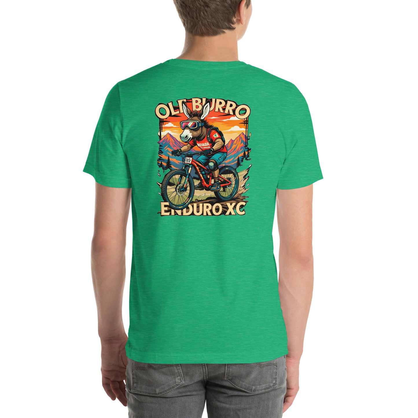 Green t-shirt with a graphic of a person on a mountain bike and text 'Old Burro Enduro XC' worn by a person.