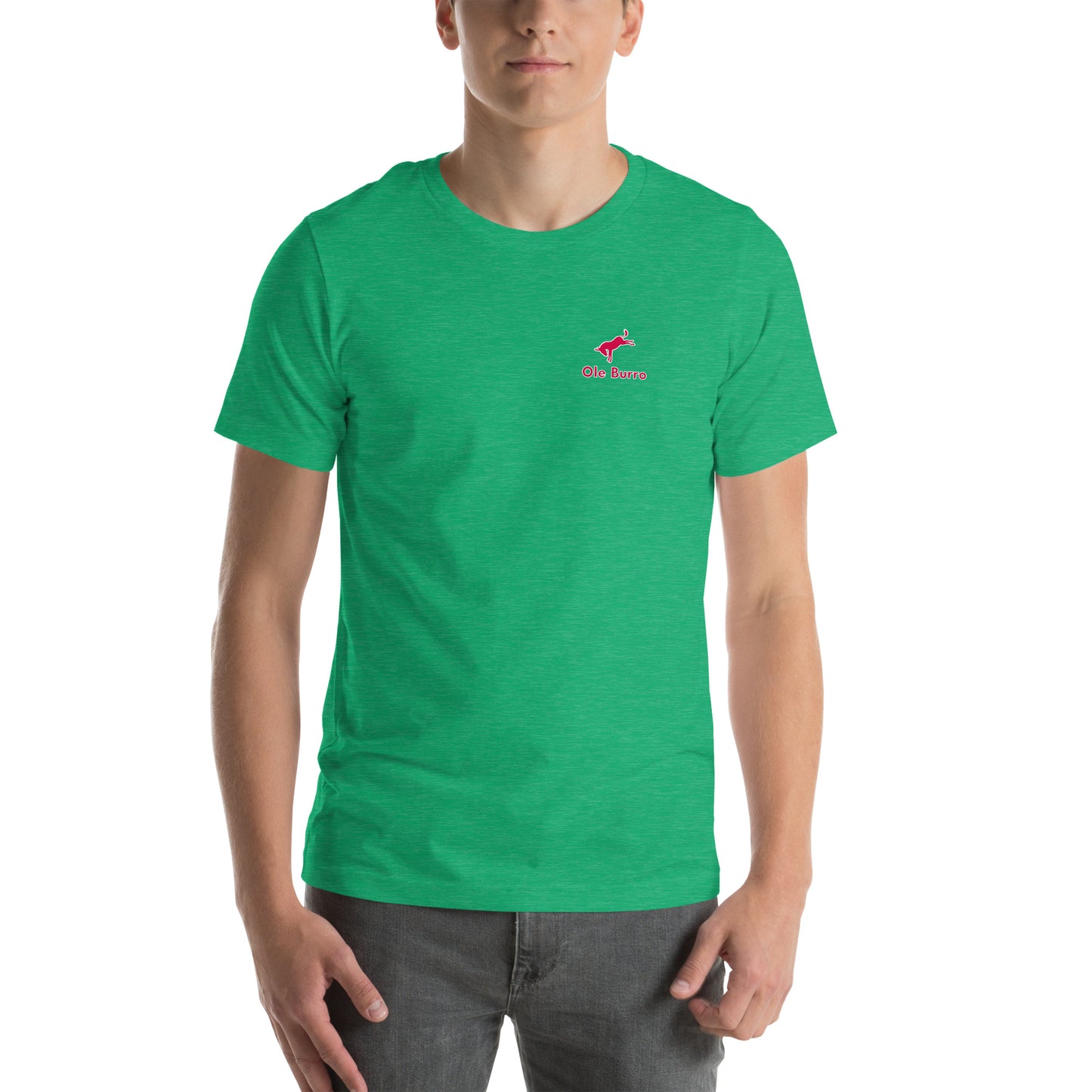 Person wearing a green t-shirt with a logo on a white background