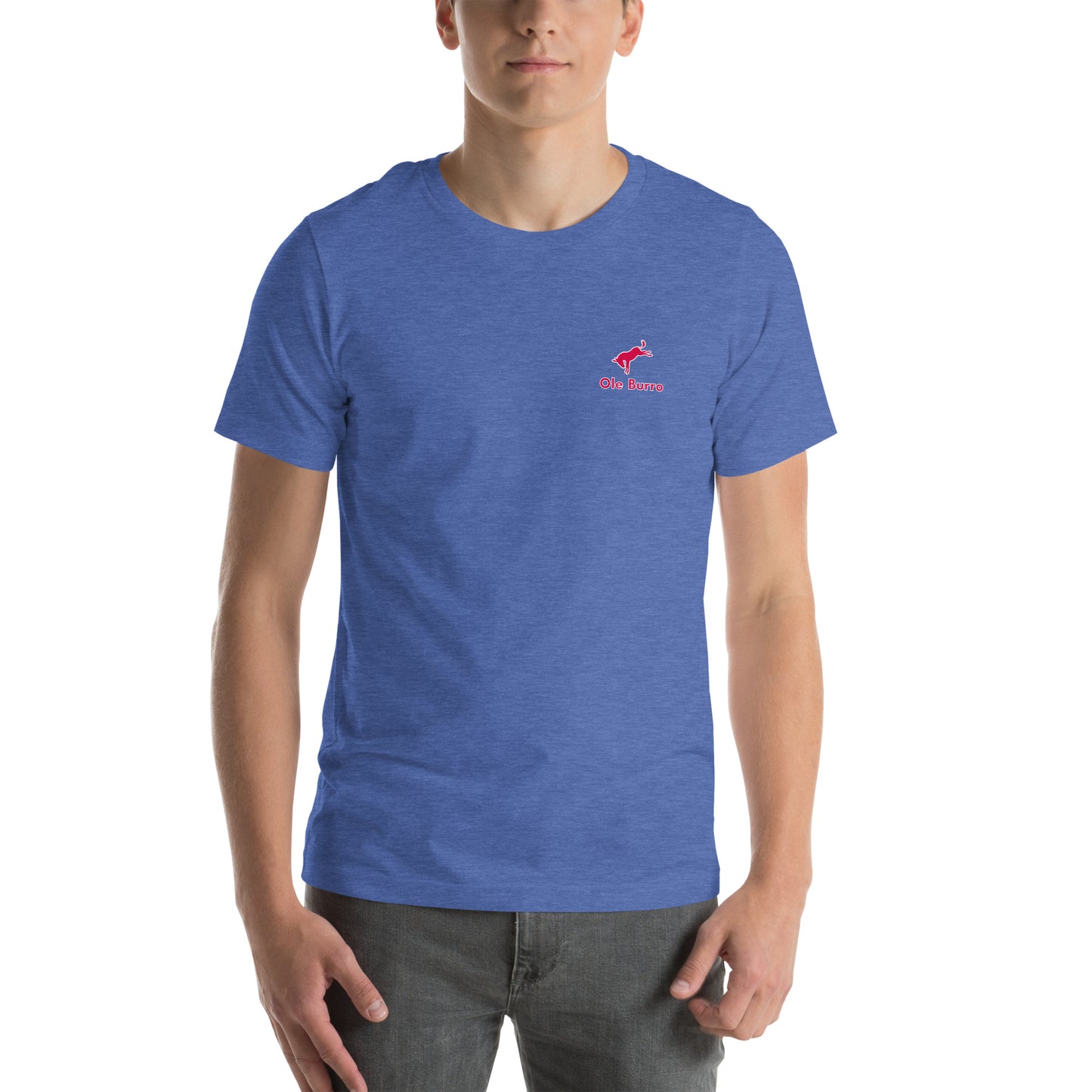 Person wearing a blue t-shirt with a logo on a white background