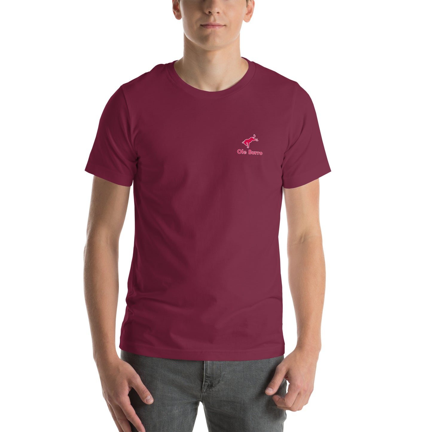 Person wearing a maroon t-shirt with a logo on a white background