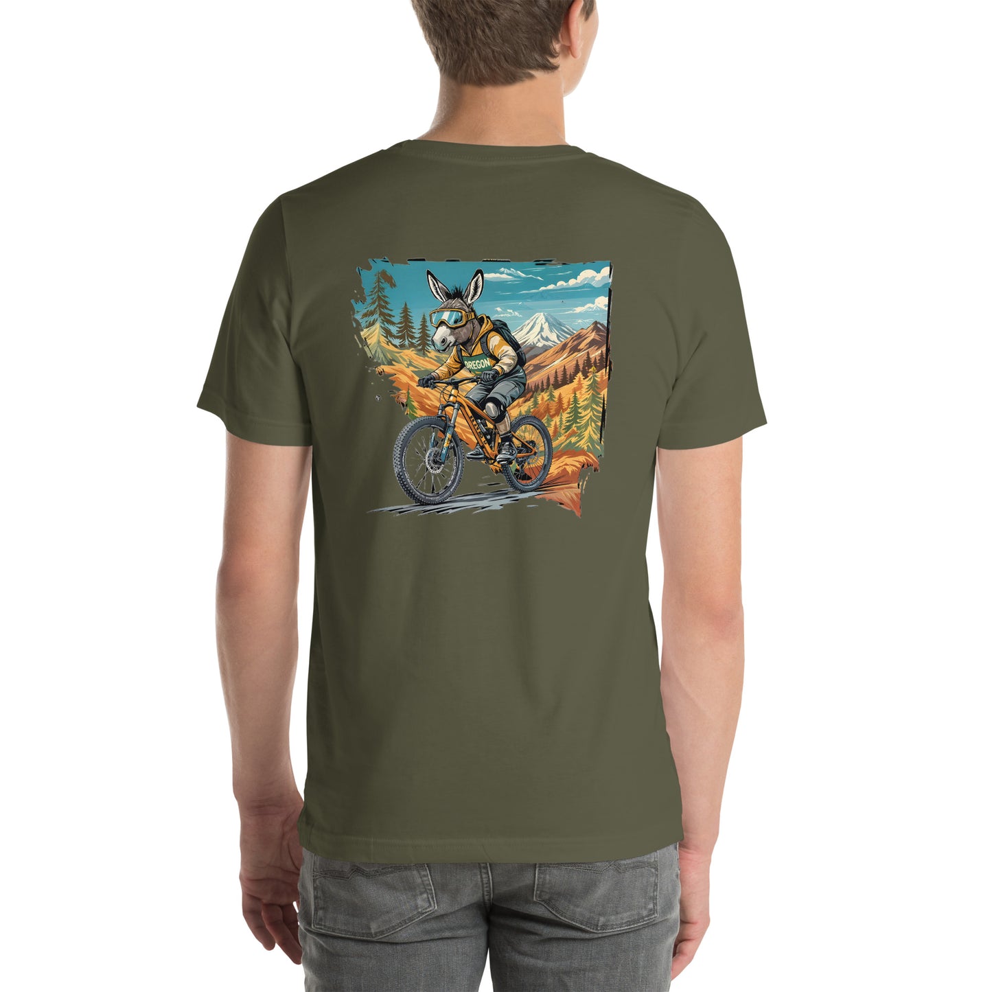Person wearing a green t-shirt with a graphic of a donkey riding a bike in a mountainous landscape.
