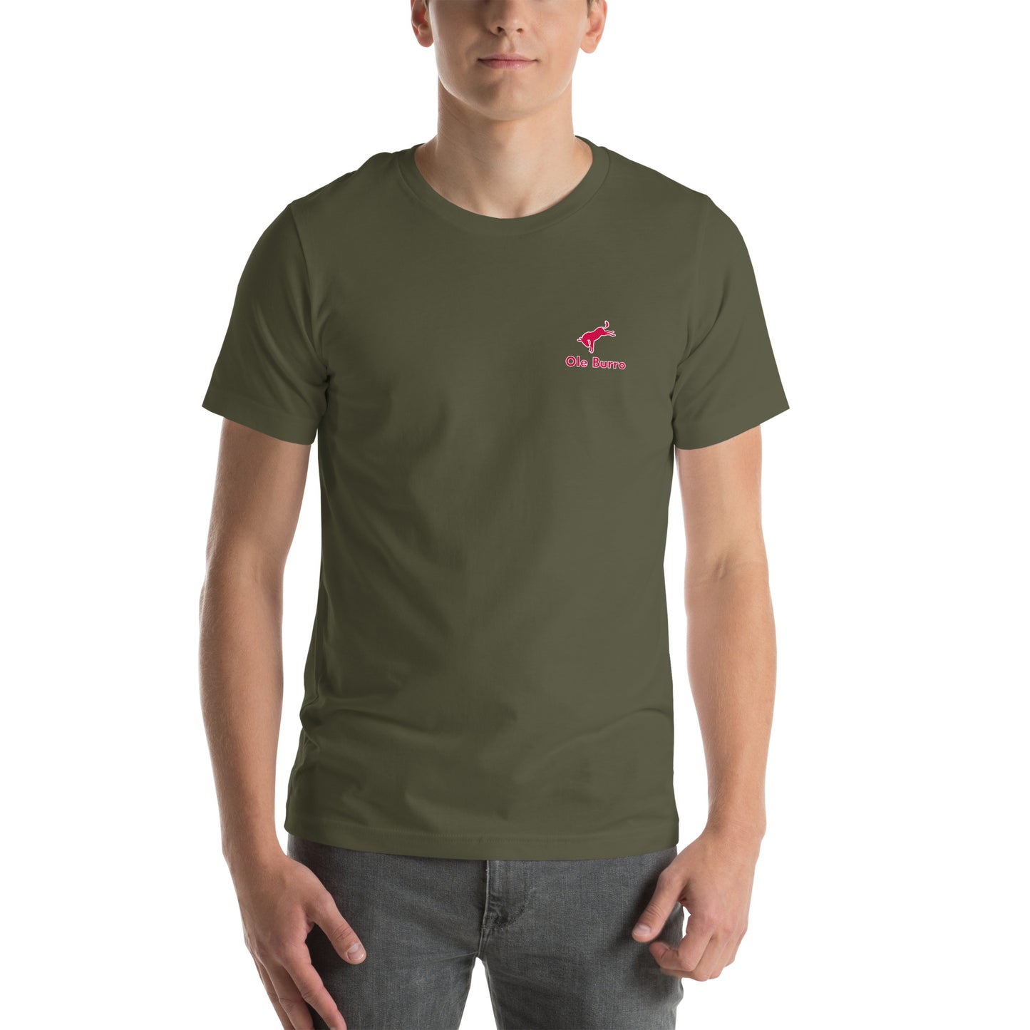 Person wearing a green t-shirt with a small logo on a white background