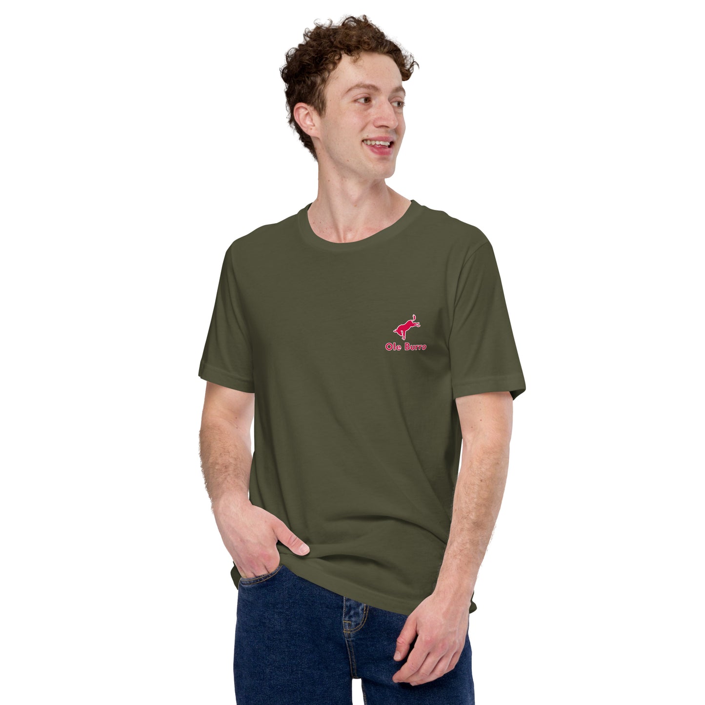 Man wearing a green t-shirt with a logo on a white background