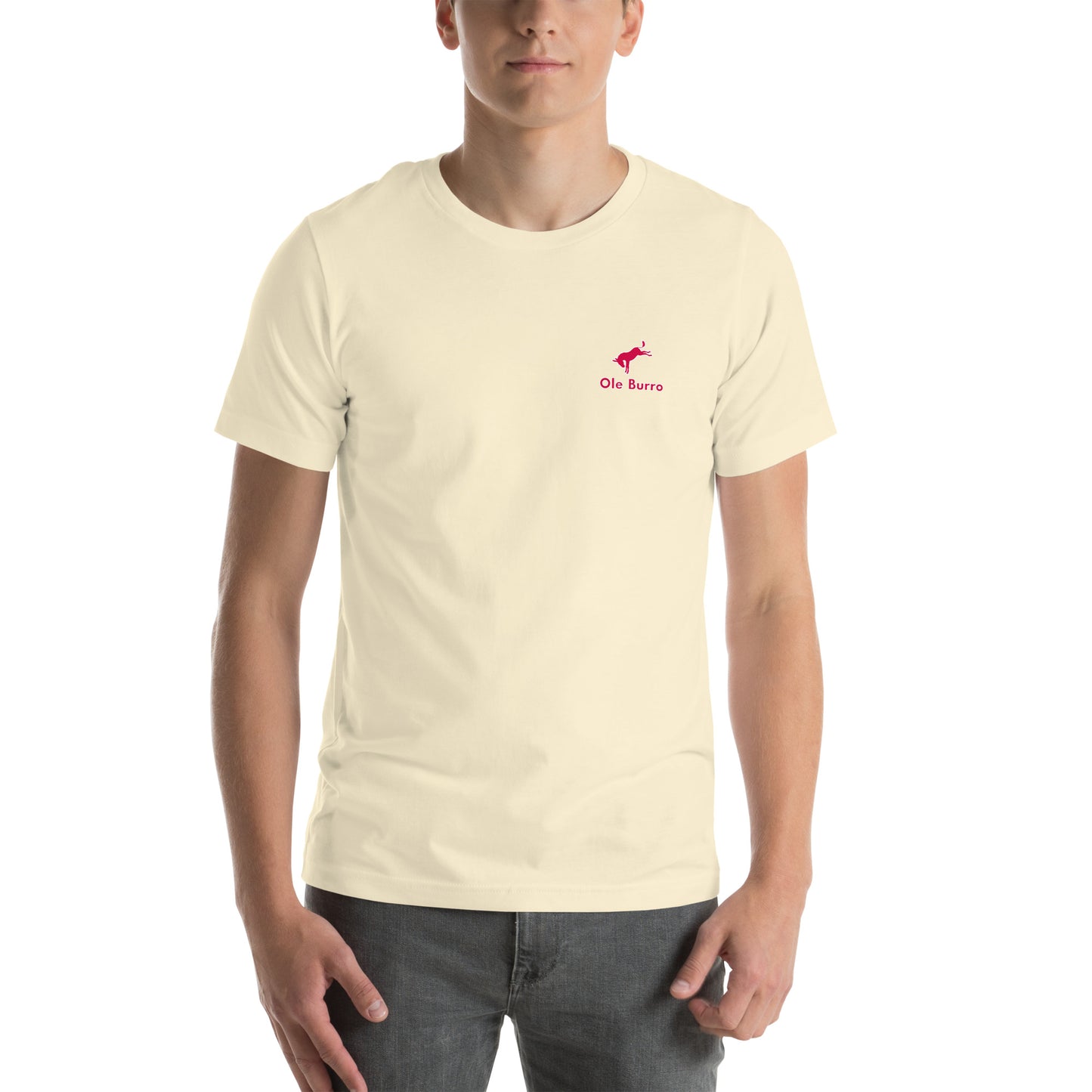 Person wearing a beige t-shirt with a red logo on a white background