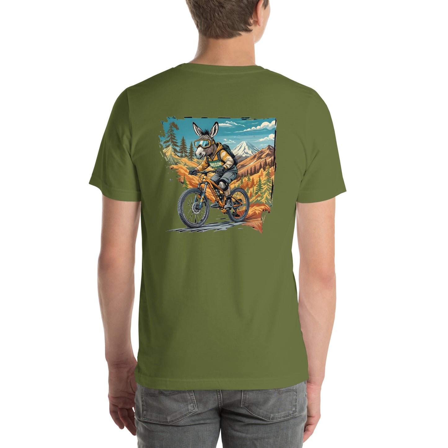 Person wearing a green t-shirt with a graphic design on the back