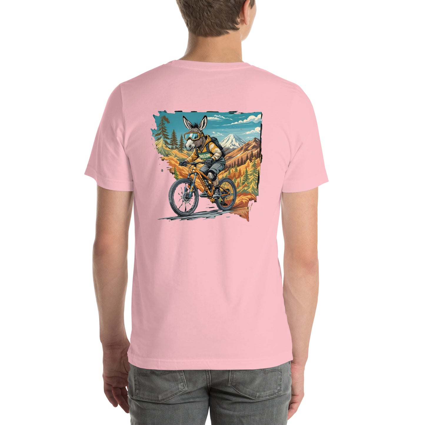 Person wearing a pink t-shirt with a graphic of a donkey riding a bike in nature on the back.