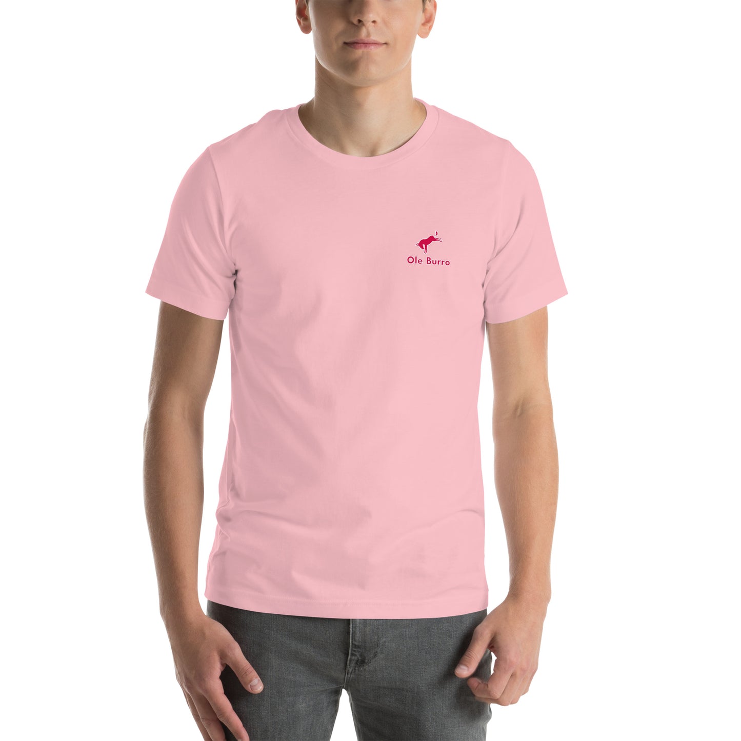 Person wearing a pink t-shirt with a logo on a white background