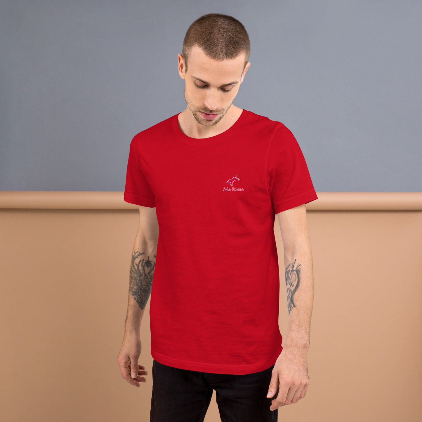 Man wearing a red t-shirt with a logo on a plain background