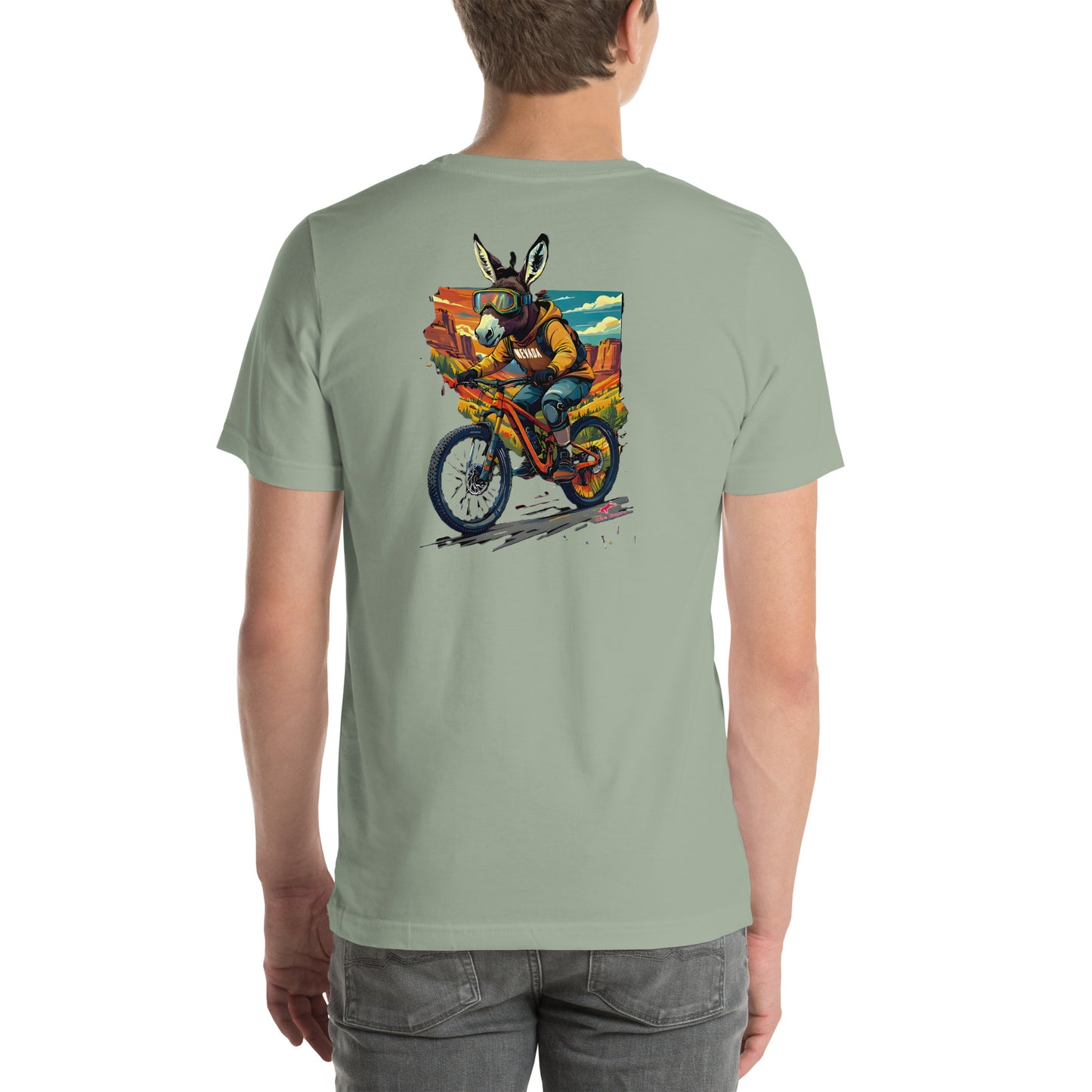 Person wearing a light green t-shirt with a colorful graphic of a burro on a mountain bike on the back.