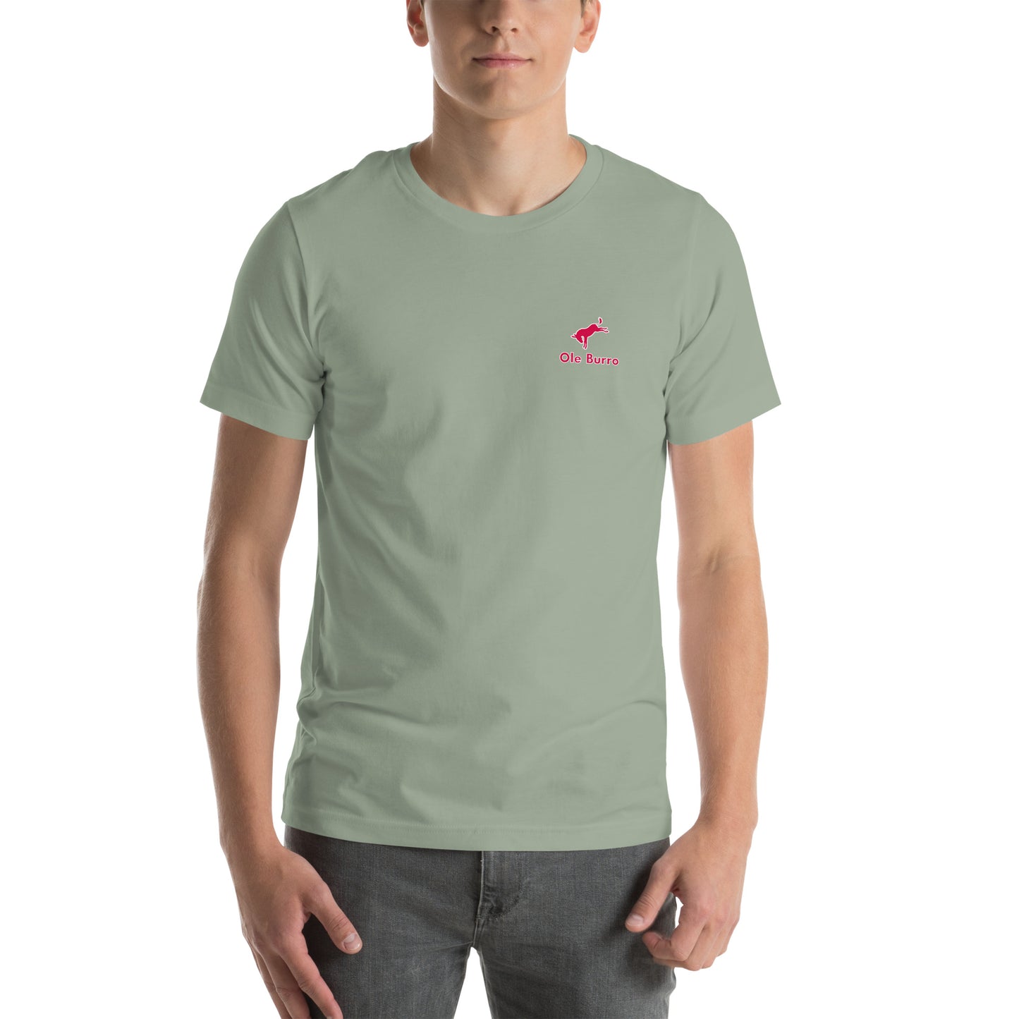 Person wearing a light green t-shirt with a red logo on a white background