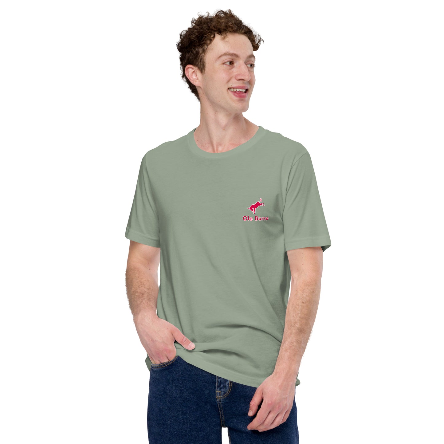 Man wearing a green t-shirt with a red logo on a white background