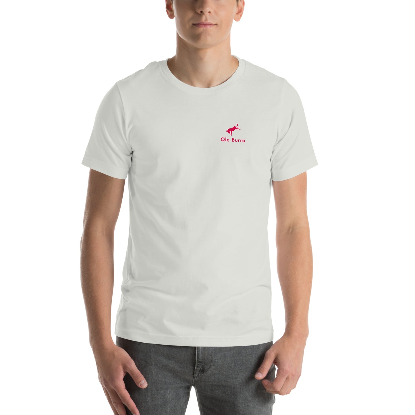 Person wearing a white t-shirt with a red logo on a white background