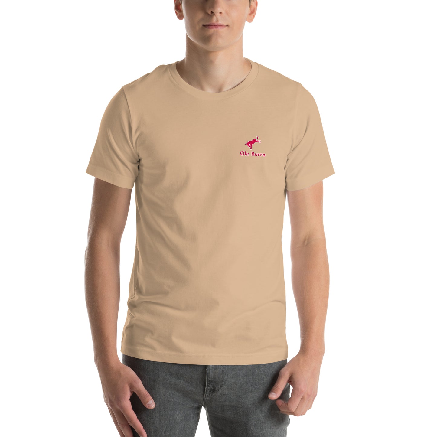 Person wearing a beige t-shirt with a red logo on a white background