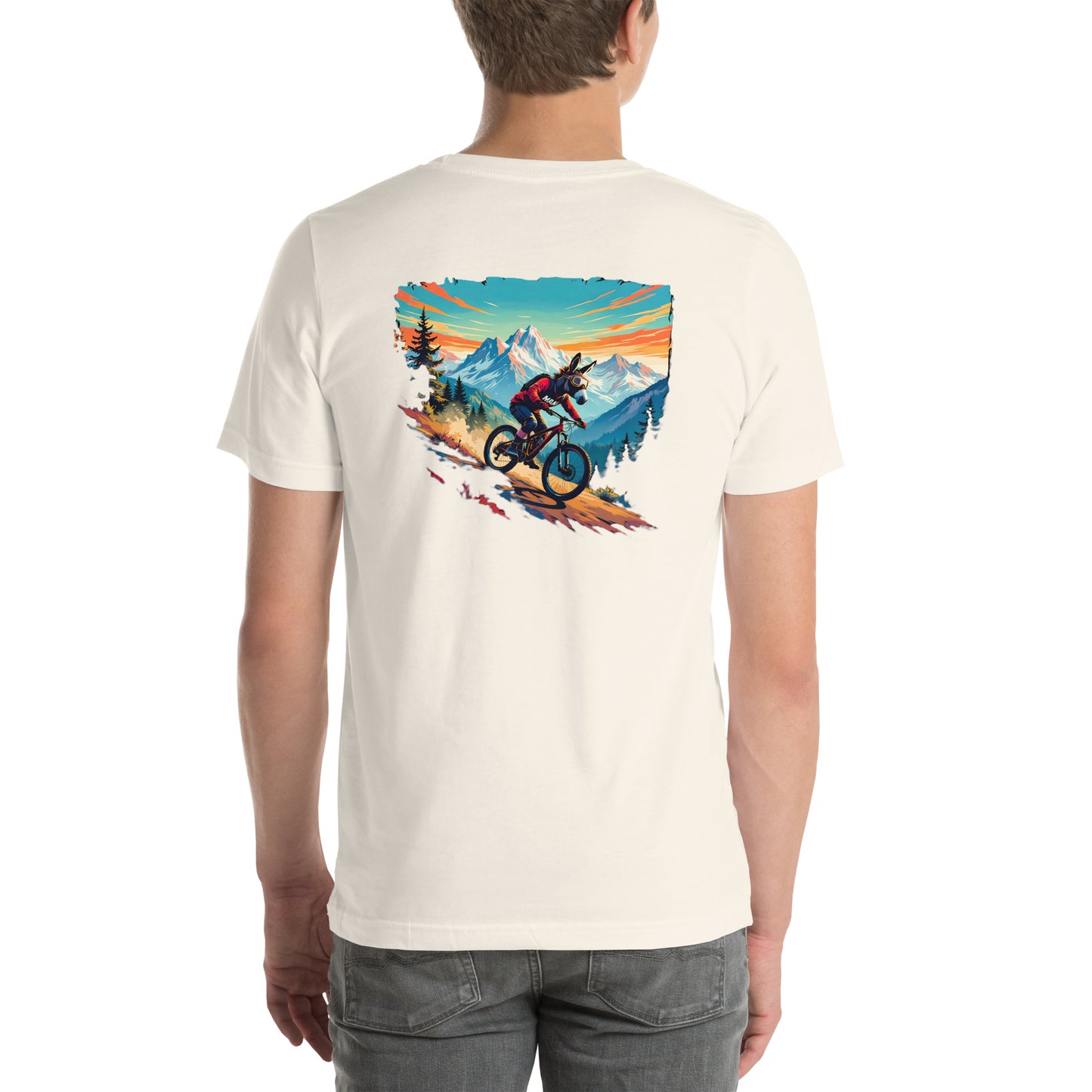 Person wearing a t-shirt with a mountain bike graphic on a white background