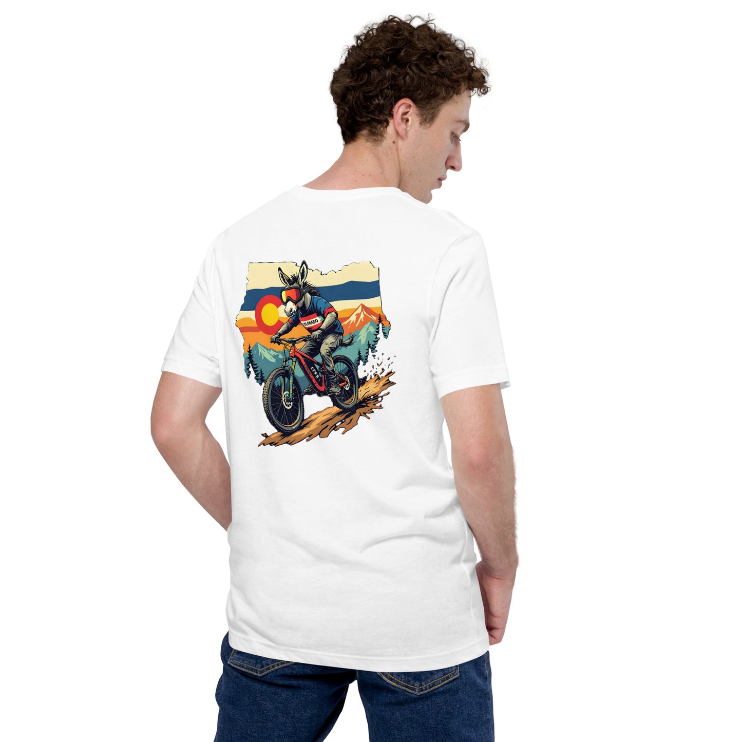 Person wearing a white t-shirt with a colorful graphic of a motorcycle on the back