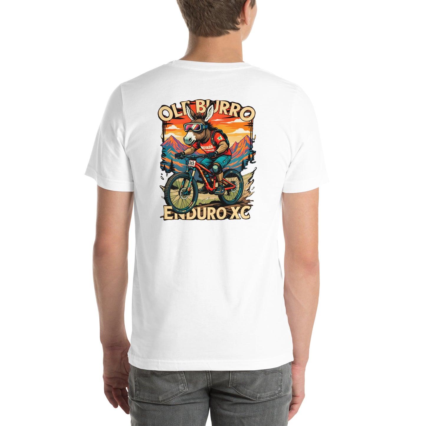 White t-shirt with a graphic design of a person on a mountain bike and text 'Oli Burro Enduro XC' on the back.