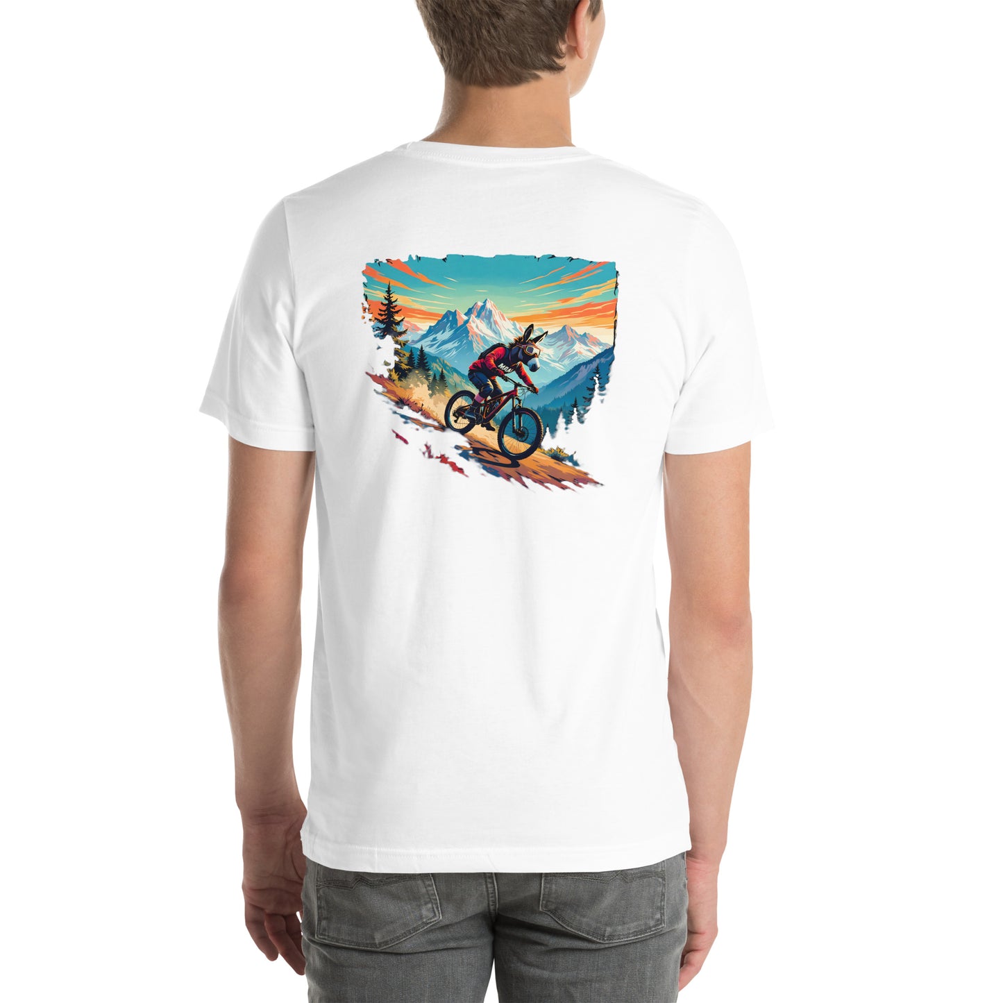 White t-shirt with a mountain bike graphic on the back, worn by a person.