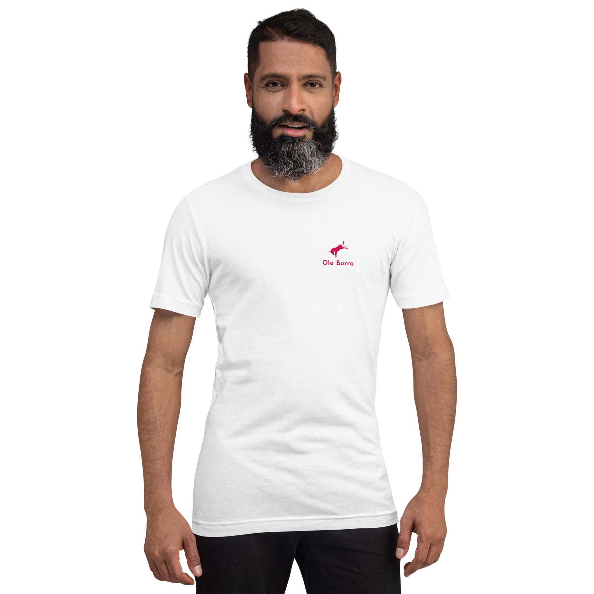 Man wearing a white t-shirt with a red logo on a white background
