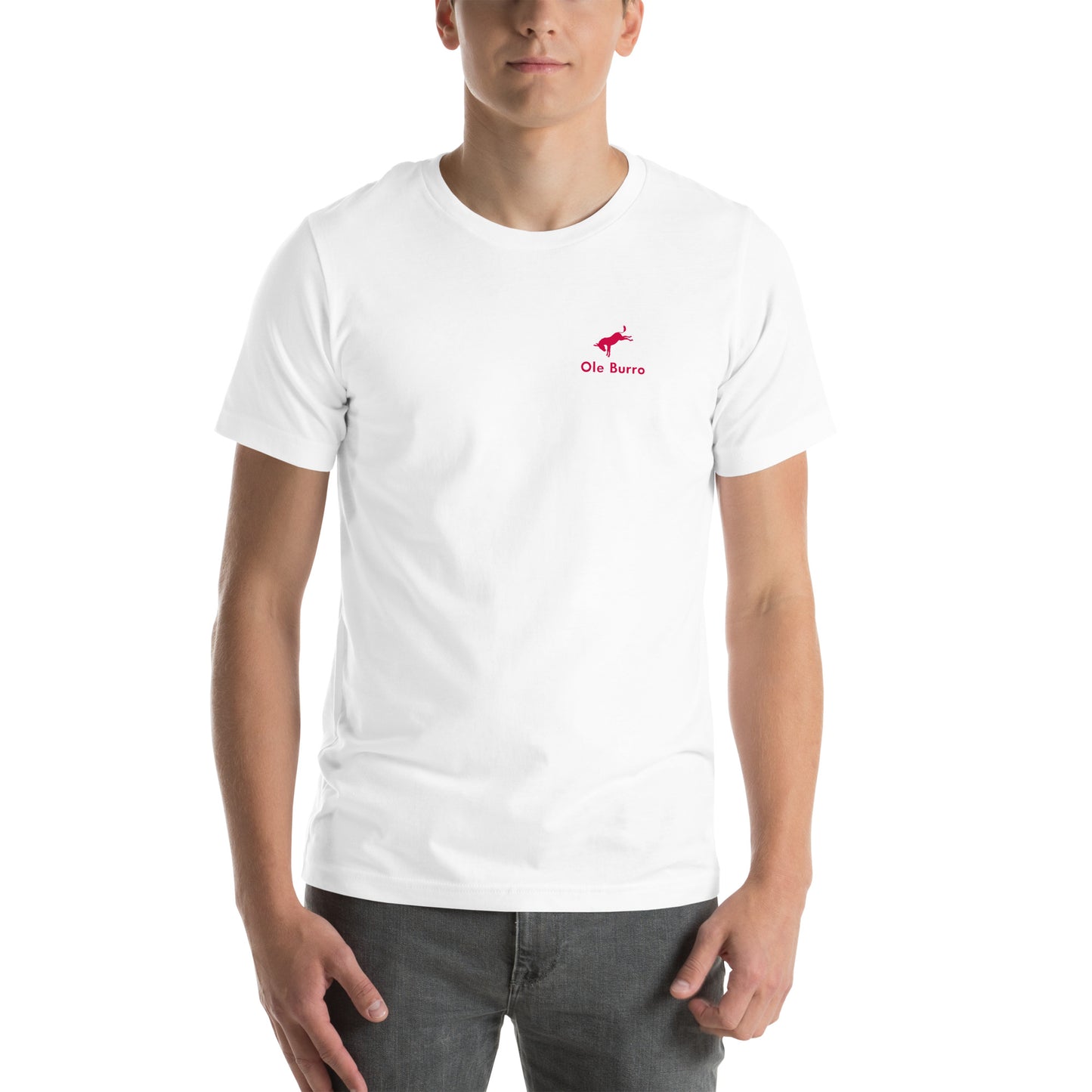 Person wearing a white t-shirt with a red logo on a white background