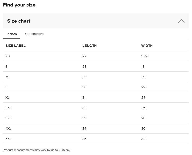 size chart for bella mens t shirt