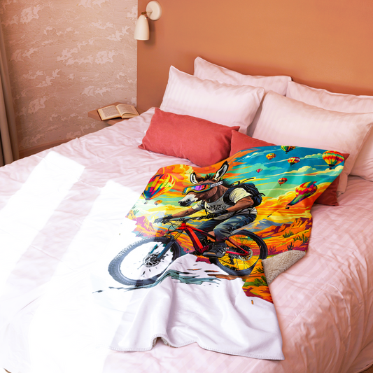 Colorful pillow with a graphic design of a person on a bike on a bed.
