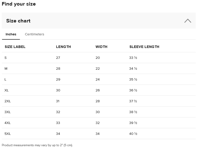 Size chart for clothing measurements in inches and centimeters