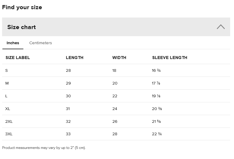 Size chart for clothing measurements in inches and centimeters