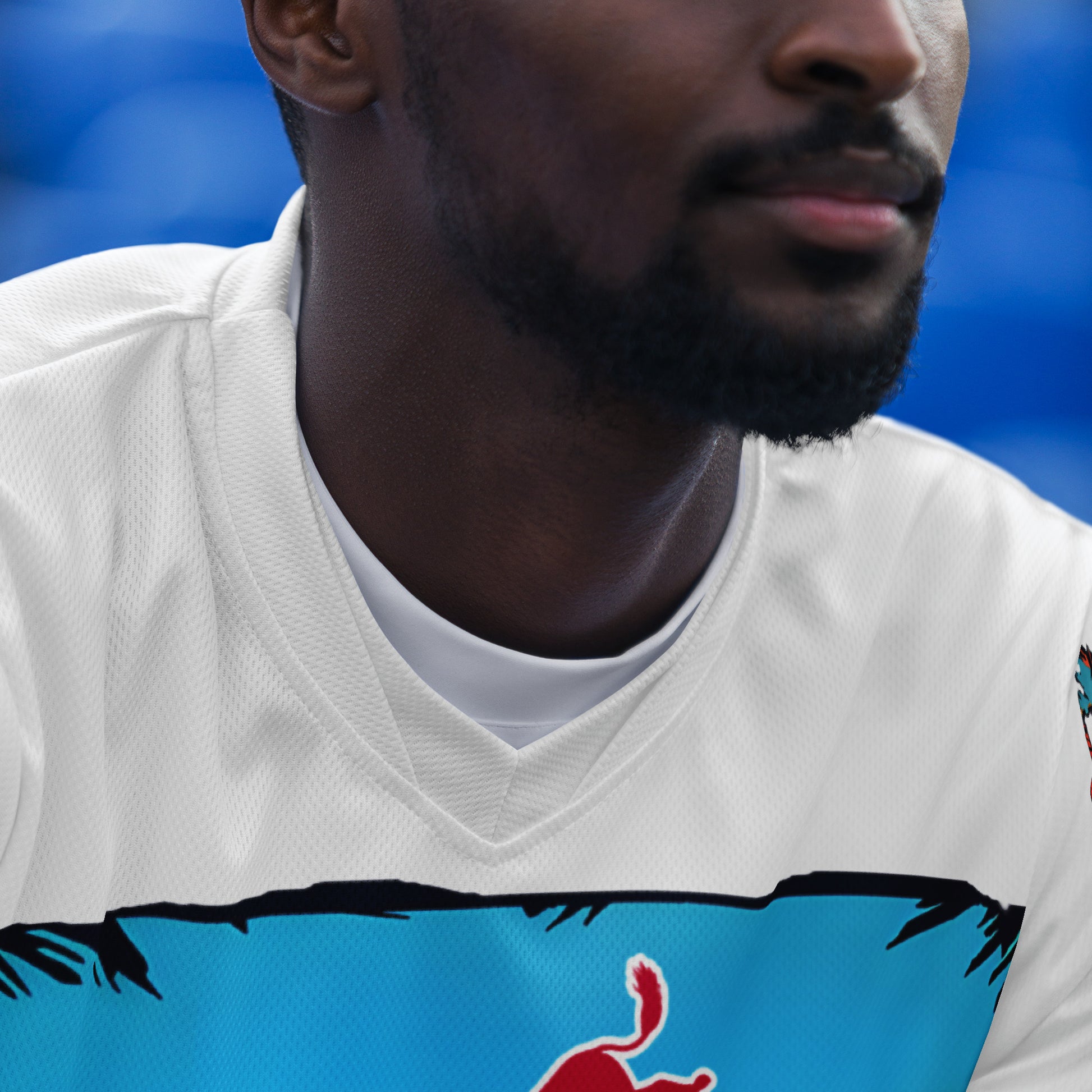 Close-up of a person wearing a sports jersey with a blue and red design.