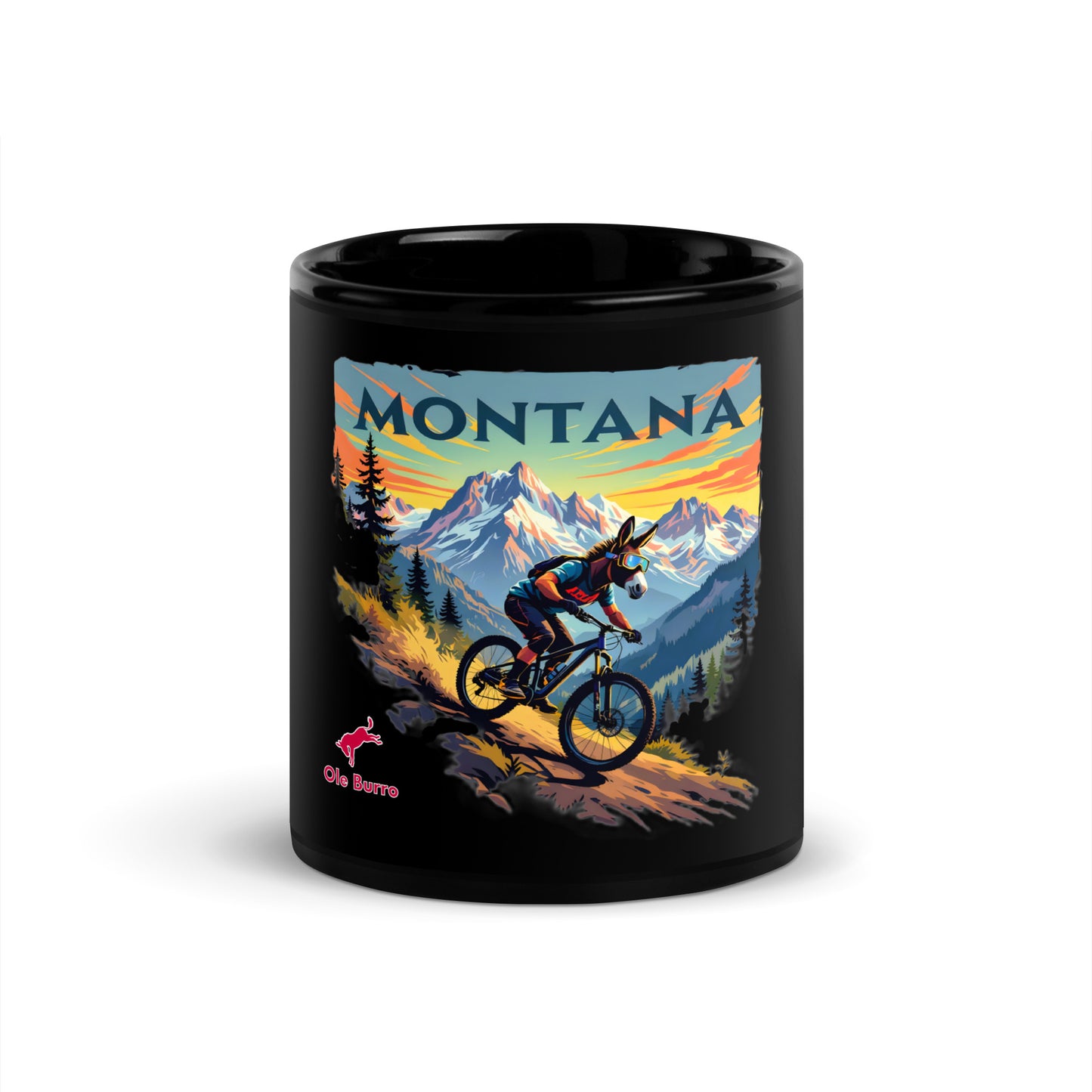 Black mug with a mountain bike design and 'Montana' text on a white background