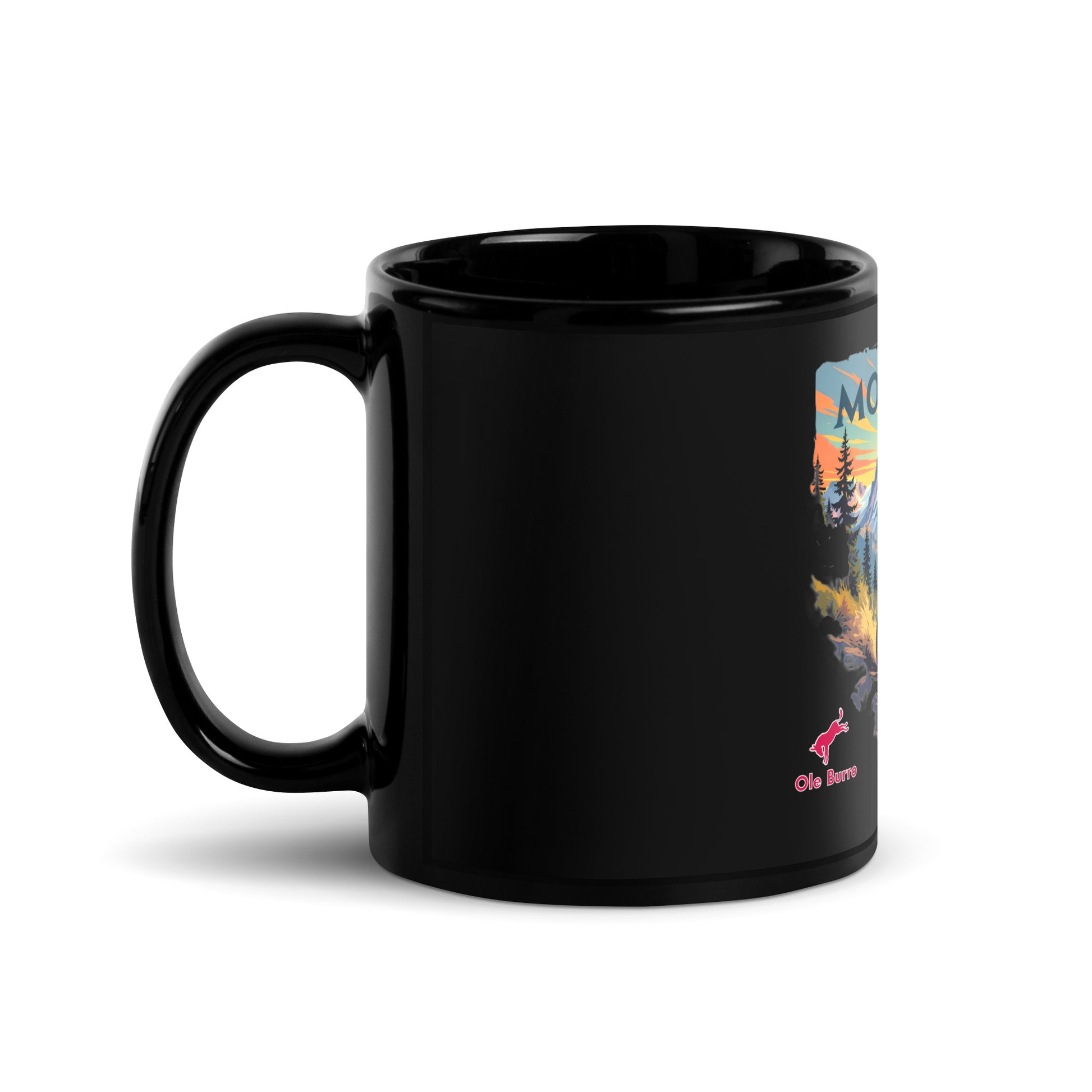 Black mug with colorful graphic design on a white background